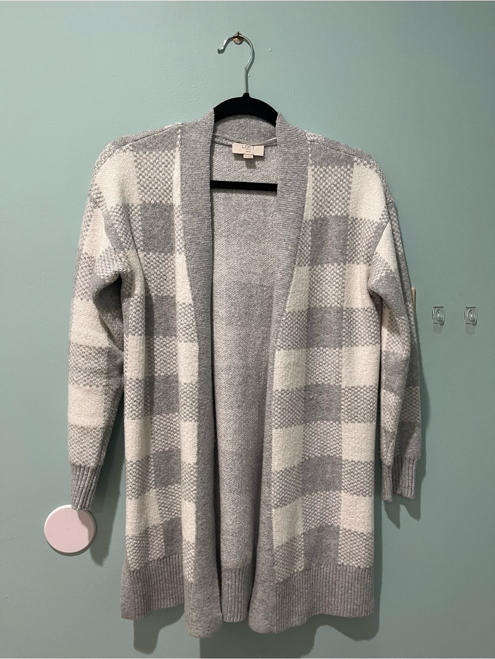 LOFT Gray and White Buffalo Check Open-Front Cardigan